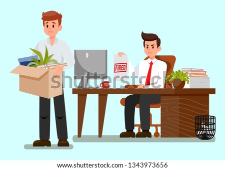 Frustrated Fired Worker Flat Vector Illustration. Boss Showing Document with Fired Red Stamp. Man leaves Office with Stuff. Upset Young Guy Clipart. Loosing Job Concept Idea. Jobless Character