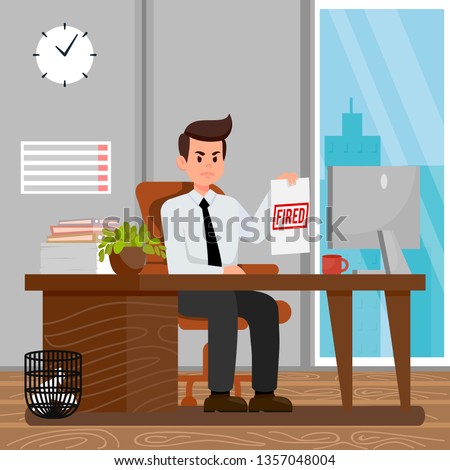 Workers Dismissal Cartoon Vector Illustration. Fired Red Stamp on Paper. Angry Boss Holding Document. Computer on Desk. Window in Office. Employer Character Sitting at Table. Clock, Calendar on Wall