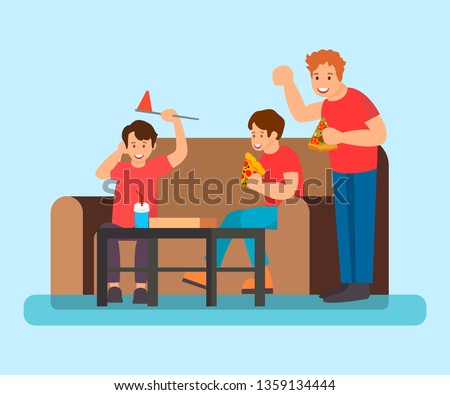 Teenagers Eating Pizza Flat Vector Illustration. Boy Showing Winner Gesture Cartoon Character. Sports Fans Supporting Football Team. Siblings Watching TV. Father with Sons Drinking Fizzy Beverages