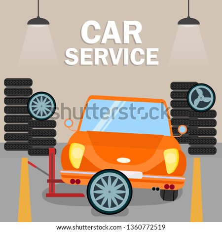 Retro Automobile Renewal Flat Banner Template. Tyre Fitting Company Typography. Repair Garage, Station Interior with Vehicle Lifting Jack Equipment, Wheels. Spare Parts, Casing Replacement