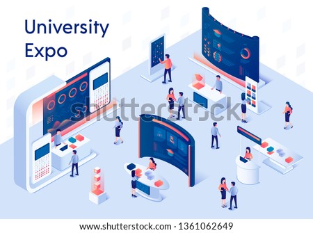 University Expo Stands. Exhibition Demonstration Stand and Trade Stalls with People. Educational Fair. Information on Screen. Promo Panel with Desk 3D Isometric Vector Illustration. Horizontal Banner.