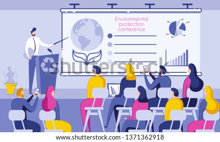 Inscription Environmental Protection Conference. People Sit in Conference Room and Listen to Speaker. Male Speaker Stands Behind Desk and Shows on Chart Data Pollution Planet. Vector Illustration.