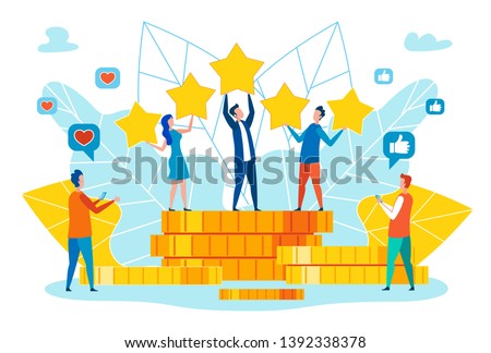 Monetization of Popularity in Social Network, Celebrating Company Financial Success Flat Vector Concept with Happy Business Team People Standing on Money, Proud of High Customers Rating Illustration