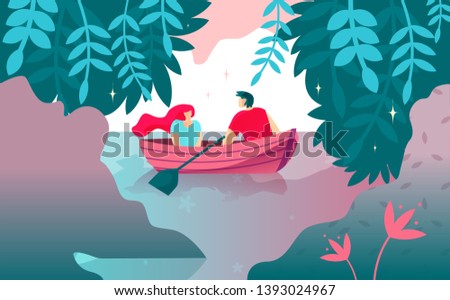 Vector Illustration Romance Boat Ride Cartoon. Quiet Place for Declaration Love. Young Man Rolls Girl Boat. In Foreground Foliage Trees Growing above Reservoir. Beautiful Card for Couples Love.