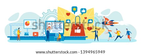 Attractive Digital Content Product, Successful Online Marketing Strategy in Social Network Flat Vector Concept with Company Leader Studying Audience Reaction, Clients Hurrying to Buy Goods in Internet