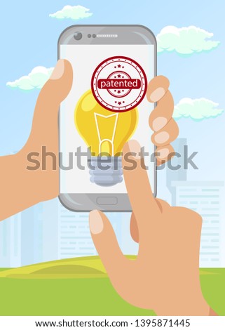 Brand Name, Invention Protection Flat Illustration. New Product, Idea Patent, License. Lawyer Hands Holding Cartoon Vector Smartphone. Light Bulb and Stamp on Modern Mobile Phone Screen