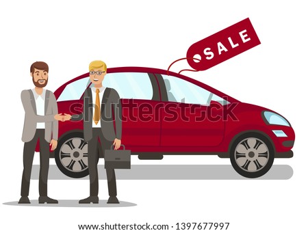 Young Man Purchasing Car Flat Vector Illustration. Salesman and Customer, Buyer Shaking Hands Cartoon Characters. Automobile Showroom, Rental Service. Transportation Sale Business, Auto Dealership