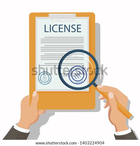 Lawyer Checking Legal Document Flat Illustration. License, Official Permission. Personal Property Protection. Cartoon Attorney Holding Magnifier, Reading Certificate. Civil, Common, Financial Law