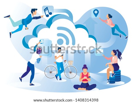 Social Media Network Lifestyle Metaphor Flat Banner Vector Illustration Levitating Sitting People Using Devices Music Sport Mail GPS Mobile Application in Daily Life Wireless Internet Connection