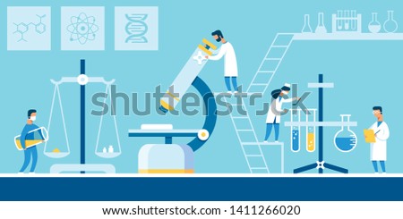 Creating New Formula Drugs in Chemical Laboratory. Men and Women make Experiments with Chemical Elements, Cartoon Flat. Man in White Coat Looks Through Microscope. Vector Illustration.