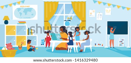 Kids Spending Time in Kindergarten or Preschool having Lesson with Young Teacher or Nanny Reading Book to Children, Sitting at Table in Bright Room, Education, Lesson Cartoon Flat Vector Illustration.