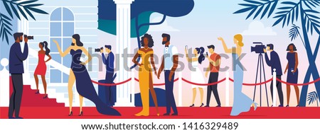 Celebrities Walking along Red Carpet, Posing to Paparazzi and Fan Photographing on Camera and Smartphones. Movie Festival, Party for Famous People, Fashion Stars Show Cartoon Flat Vector Illustration.