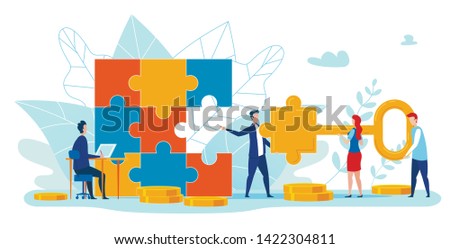 Informational Banner Matching Puzzle Element. Creative Poster Man Makes Puzzles from Big Elements. Flyer People Brought Right Key to Bright Puzzle. Vector Illustration on White Background.