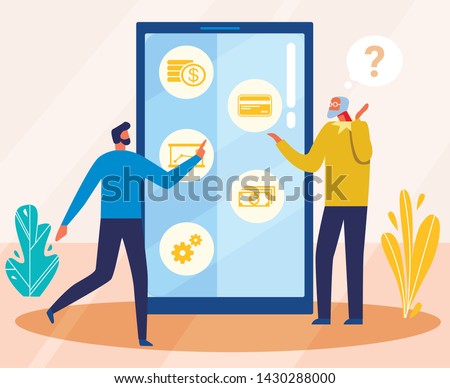 Cartoon Young Man Showing Elderly Nuances of Mobile Use. Guy Answering on Old Male Question about Smart Phone Application Usage. Son Teaching Aged Father Work with Device. Vector Flat Illustration