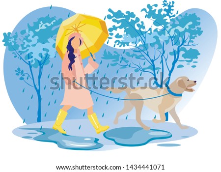 Woman Character in Cloak and Boots Walking with Dog at Rainy Weather in City Park. Girl Spending Time with Pet Outdoors. Relax, Leisure, Communication with Animal. Cartoon Flat Vector Illustration Stok fotoğraf © 
