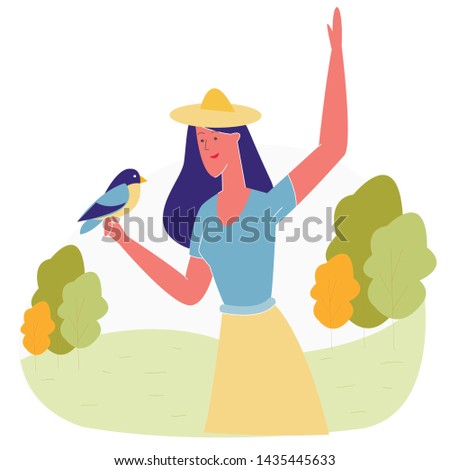 Woman Spending Time in Animal Park. Girl Character Having Outdoors Leisure in Open Air Zoo Feeding Birds on Beautiful Landscape Background, Nature Sparetime, Vacation. Cartoon Flat Vector Illustration Stok fotoğraf © 