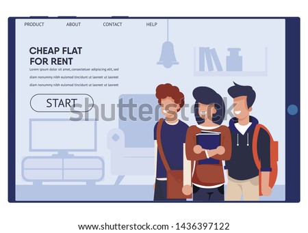 Flat Sharing at Best Price for Student Landing Page. Cartoon Happy Male and Female Teenager Characters Stand in Furnished Living Room on Tablet Screen. Promo Text and Start Button. Vector Illustration