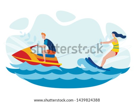 Water Skiing Entertainment Vector Illustration. Man Riding Jet Ski, Woman in Safety Jacket Waterskiing Cartoon Characters. Extreme Leisure Activity for Adventurous Tourists, Sea Resort Recreation