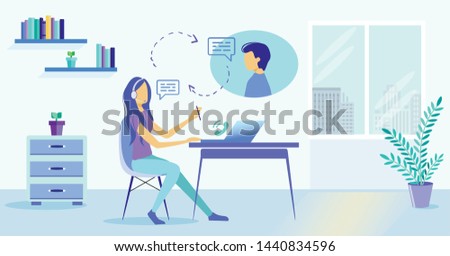 Cartoon Girl In Headset Microphone Help Man Customer Vector Illustration. Online Helpline Helpdesk Hotline. Client Assistance. Female Assistant Tech Support. Internet Chat Message. Call Center Work