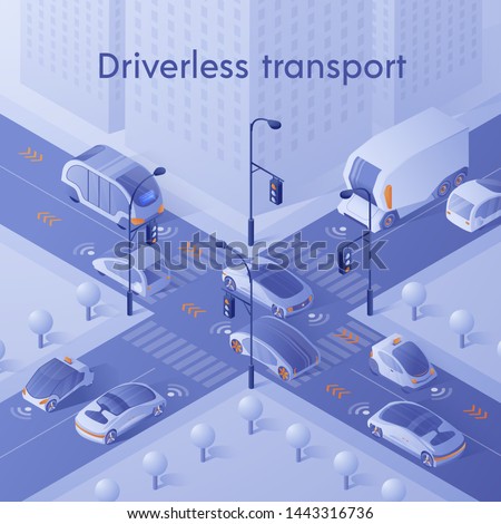 Driverless Transport Banner. Unmanned Personal, Public and Commercial Vehicles with Infrared Sensor Device. Autonomous Smart Cars Driving in City Traffic on Crossroad. Isometric 3d Vector Illustration
