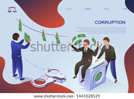Flyer is Written Corruption, Money Laundering. Flat Man Sits on Washing Machine, in Which Money is Washed. An Official in Suit Hangs Bills to Dry. Personal Gain Vector Illustration.