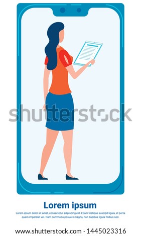 Manager Reviewing Finance Report Banner Template. Businessoman Holding Clipboard Cartoon Vector Illustration. Checking Things Off List Flat. Home Accountant App Screen With Copyspace