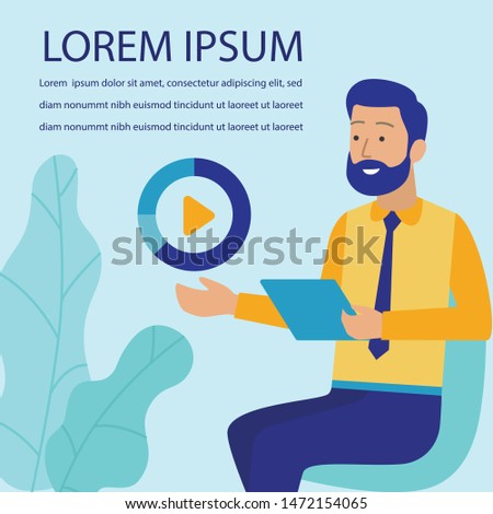Cartoon Bearded Man Developer Character Work with Modern Video Player, Button Play and Turntable on Tablet. Advertising Banner Promoting Innovative Application. Vector Flat Illustration. Edit Text