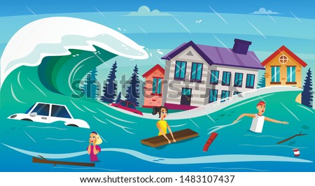 Scary Cartoon People in Water, Tsunami Wave Vector Illustration. Car Drown, Houses Submerged. Heavy Flood River Overflow. Global Warming Climate Change. Natural Disaster Catastrophe