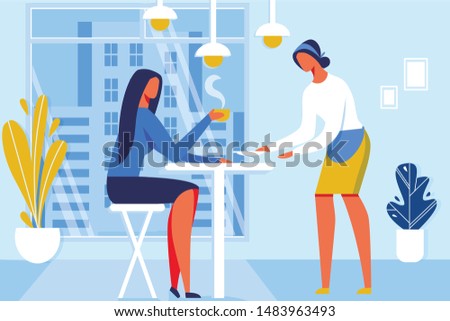 Young Woman Drinking Hot Coffe or Tea Holding Mug Cartoon Flat Vector Illustration. Cup with Hot Drink. Girl Sitting in Cafe or Restaurant Relaxing or Having Rest. Waitress Serving Customer.