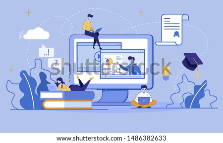 Online Education, E-Learning, E-Library via Digital Device. Educational Application, Video Tutorials. Cartoon Students Use Laptop and Wi-Fi. Electronic Graduation Certificate. Vector Flat illustration