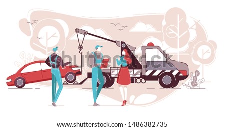 Car Service and Roadside Assistance Flat Cartoon Vector Illustration, Tow Truck, Support, Accumulator and Jack with Crane Transporting Broken Vehicle. Workers Talking with Female Driver.