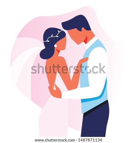 Wedding Ceremony. Happy Bridal Couple Isolated on White Background. Man and Woman Getting Married. Bride and Groom Holding Hands. Newlywed People, Love, Relations. Cartoon Flat Vector Illustration Stock foto © 