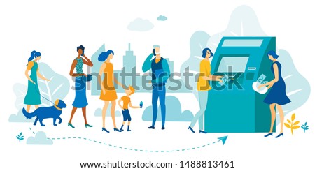 People Standing in Line to Withdraw Money at Cash Machine Flat Cartoon Vector Illustration. Woman Taking Money from ATM. Man Talking on Phone Waiting in Queue. Mother with Child. Charcter with Pet.