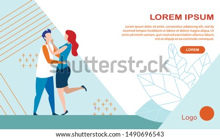 Advertising Banner with Place for Logo and Editable Promotion. Cartoon Man and Woman Couple in Love Hugging. First Dating. Acquaintance in Media Social Networks. Vector Flat Illustration