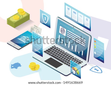 Prompt Poster Service App for Opening Deposits. Banking and Service Transferring Funds from Accounts. An Account Statement Comes Out  Smartphone. Laptop Screen, Account Information. 