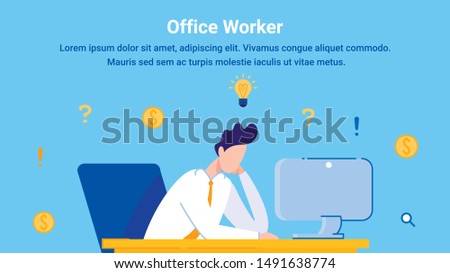 Businessman Having Idea Flat Cartoon Banner Vector Illustration. Office Worker Sitting at Desk and Working on Computer. Man Earning Money at Workplace. Clerk Looking at Screen. Employee with Icons.