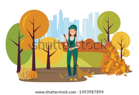 Woman Janitor Sweeping Road from Leaves with Broom Flat Cartoon Vector Illustration. Street Cleaner Character Wearing Uniform in Park. Autumn Season. Fallen Leaves Piles. City Background.