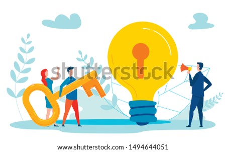 Inspirational Insight Metaphor Vector Illustration. People Carrying Key to Lightbulb with Keyhole. Workers, Employees Having Solution to Problem, Understanding Important Information, Details