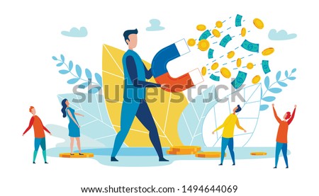 Advertising Flyer Investment Attraction Cartoon. Increasing Awareness Brand Image and Number Readers Account. Man Collects Money with Magnet. People Look at Cash Flow. Vector Illustration.