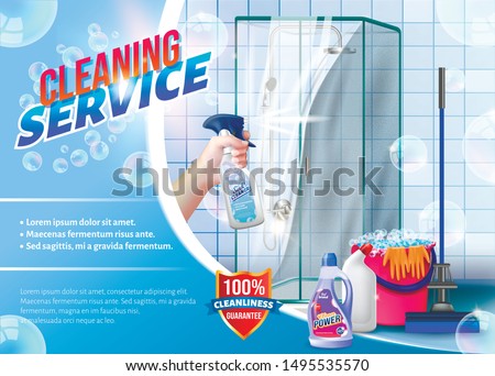 Hand with Spray Glass in Hand on Background Shower. Detergent for Home. Cleaning Service. Cleaning Apartment. Clean House. Set Cleaning Tools. Vector Illustration. Cleaning Realistic. Shining Surface.