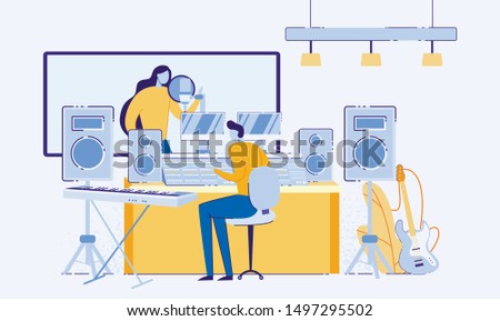 Singer in Recording Studio Flat Cartoon Vector Illustration. Singing Woman in Booth with Equipment and Window, Sound Engineer in Controling Sound with Tools for Mixing and Mastering Music.