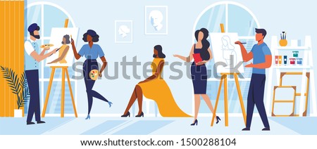 Art School Master Class Flat Vector Illustration. Painting Teachers, Tutors and Student Cartoon Characters. Gifted Men, Artists Drawing Model with Paintbrush and Pencil. Painter Studio Panorama