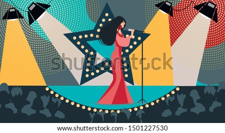 Cartoon Woman in Dress on Stage Sing Song Holding Microphone Hand Vector Illustration. TV Talent Show Live Concert. Musical Performance. Female Singer Musician Star. Music Contest Television Show