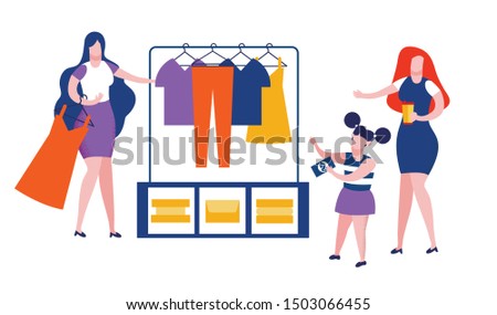 Mother and Little Daughter Spend Time Together Shopping, Girl Holding Money Banknote in Hands, Woman Drinking Coffee, Seller Bring Dress for Fitting, Weekend Leisure Cartoon Flat Vector Illustration Stok fotoğraf © 