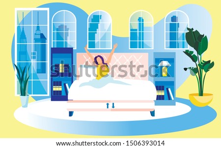 Light Specious Bedroom with Shelving and Planters on Floor. Huge Comfortable Bed with Dual Sided Mattress. Undressed Young Brunette Starting Her Day, Stretching Herself in Bed Early in Morning.