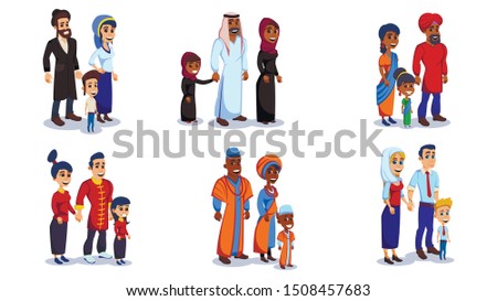 Family Portraits Flat Cartoon Vector Illustration. Different Nationalities: African, Indian, Jewish, Asian. Mother, ather and children Boy, Girl Wearing National Costume. Happy People with Relatives.
