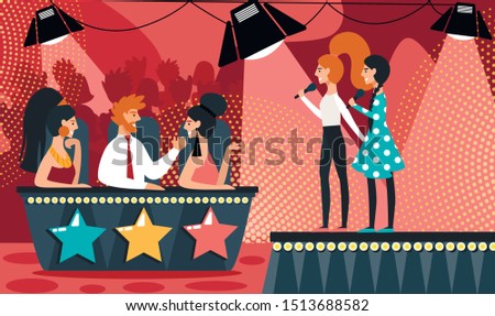 Talent Show Vector Illustration. Cartoon Girls Duet with Microphone Sing Song. Man Woman in Jury Judge. Musical Duo Performance, Vocal TV Competition, Television Show, Audition Contest