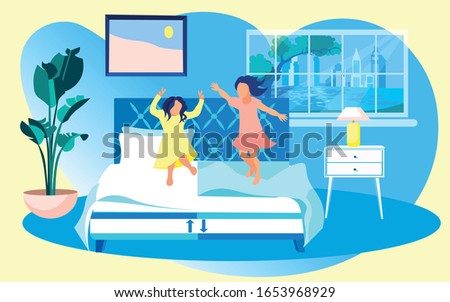 Two Girls, Sisters or Friends, Fooling Around Parents Bedroom and Jumping on Bed with Comfortable Mattress. Spacious Room with Monstera Planter on Floor. Big Window with Summer City Outside.