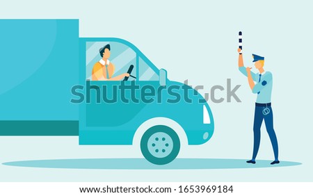 Traffic Police Officer Stops Car and Blocks Road for Fine and Violation Flat Cartoon Vector Illustration. Man in Uniform Standing in front Lorry. Man Driving Vehicle. Character with Whistle, Stick.