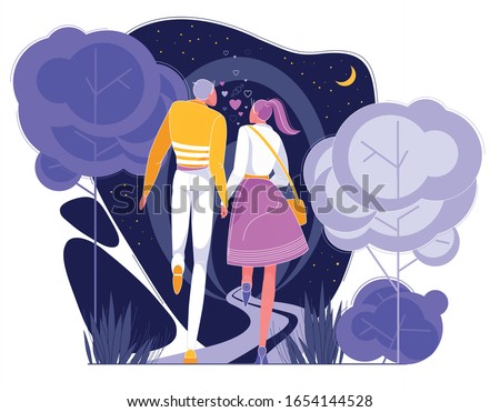 Couple in Love Having Romantic Date in Park at Night Flat Cartoon Vector Illustartion. Happy Man and Woman Characters in Pairs Holding Hands. First Meeting. Lovely Relationship. Walking on Nature.